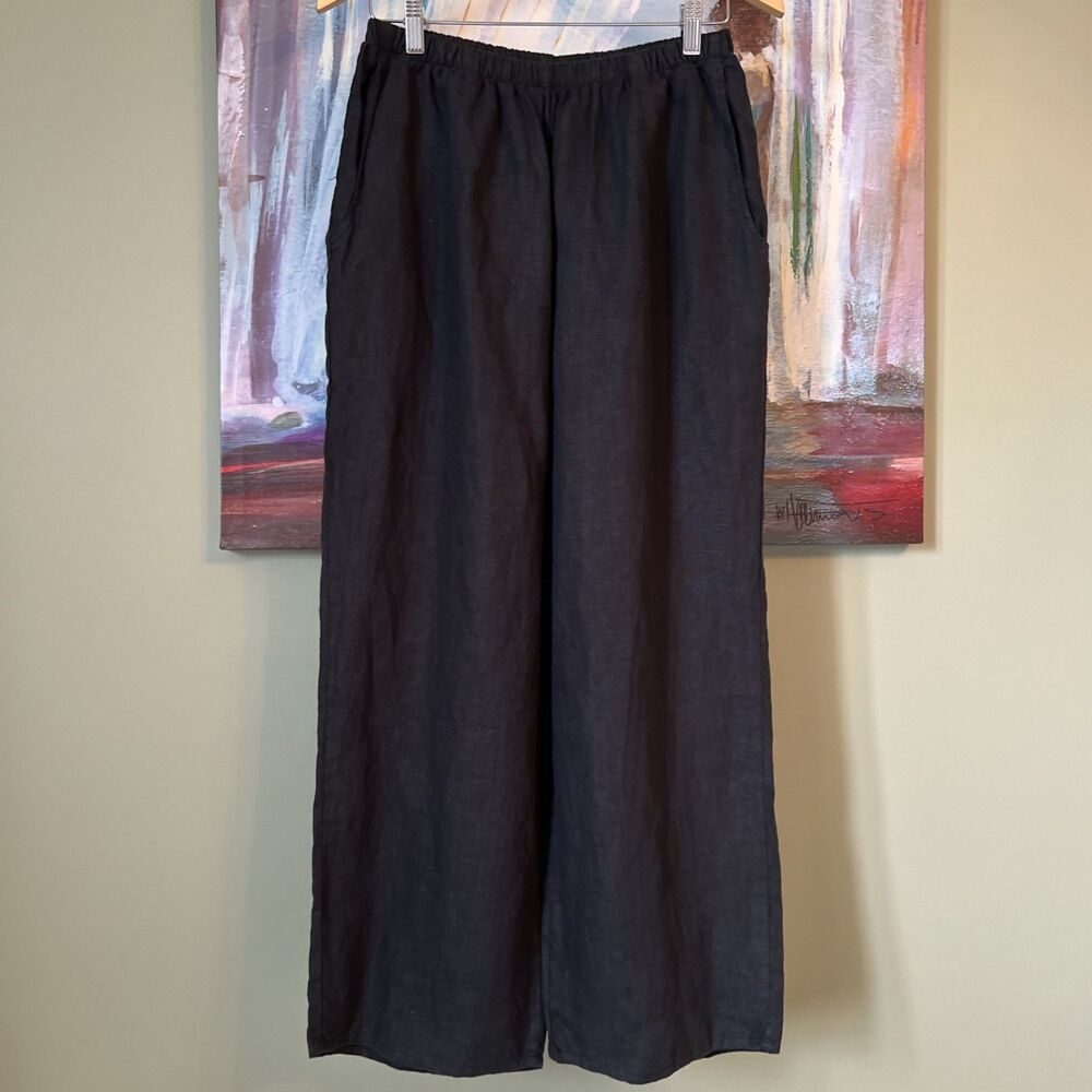 FLAX Wide Leg Cropped Pants Women’s Sz M Flat Front Pockets Elastic EUC